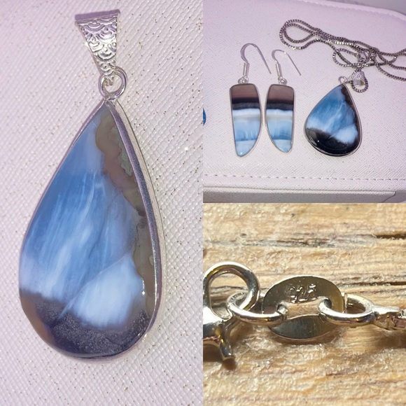 Owyhee Blue Opal Gemstone Handmade Pendant Necklace & Earrings Set - Picture 3 of 6